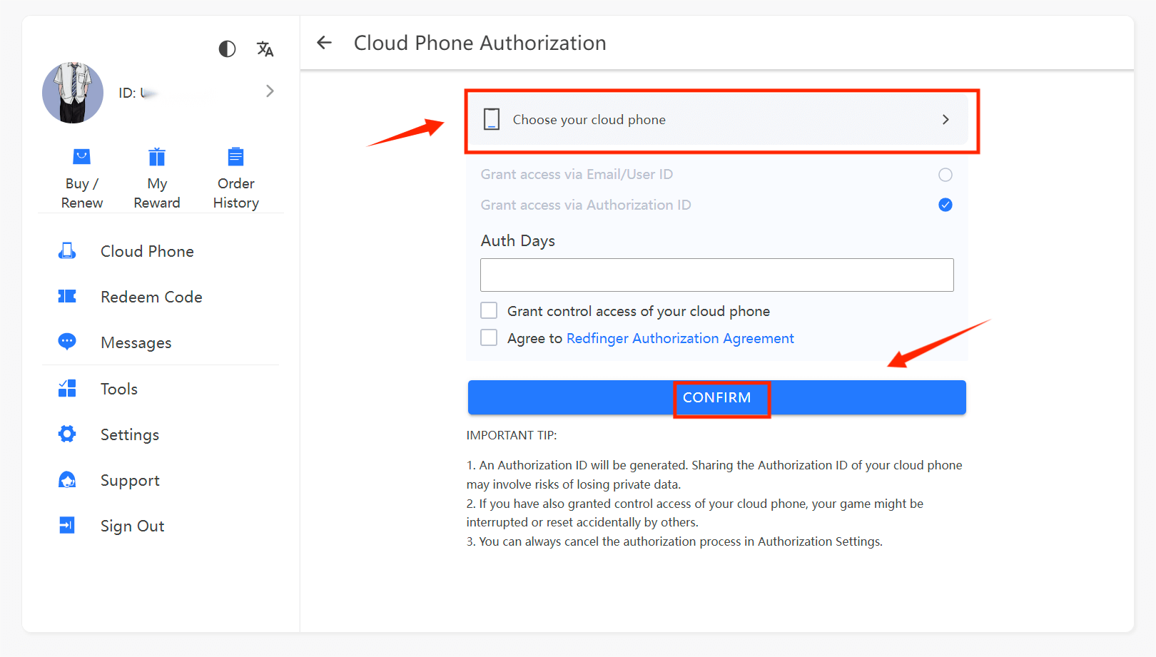 redfinger cloud phone authorization